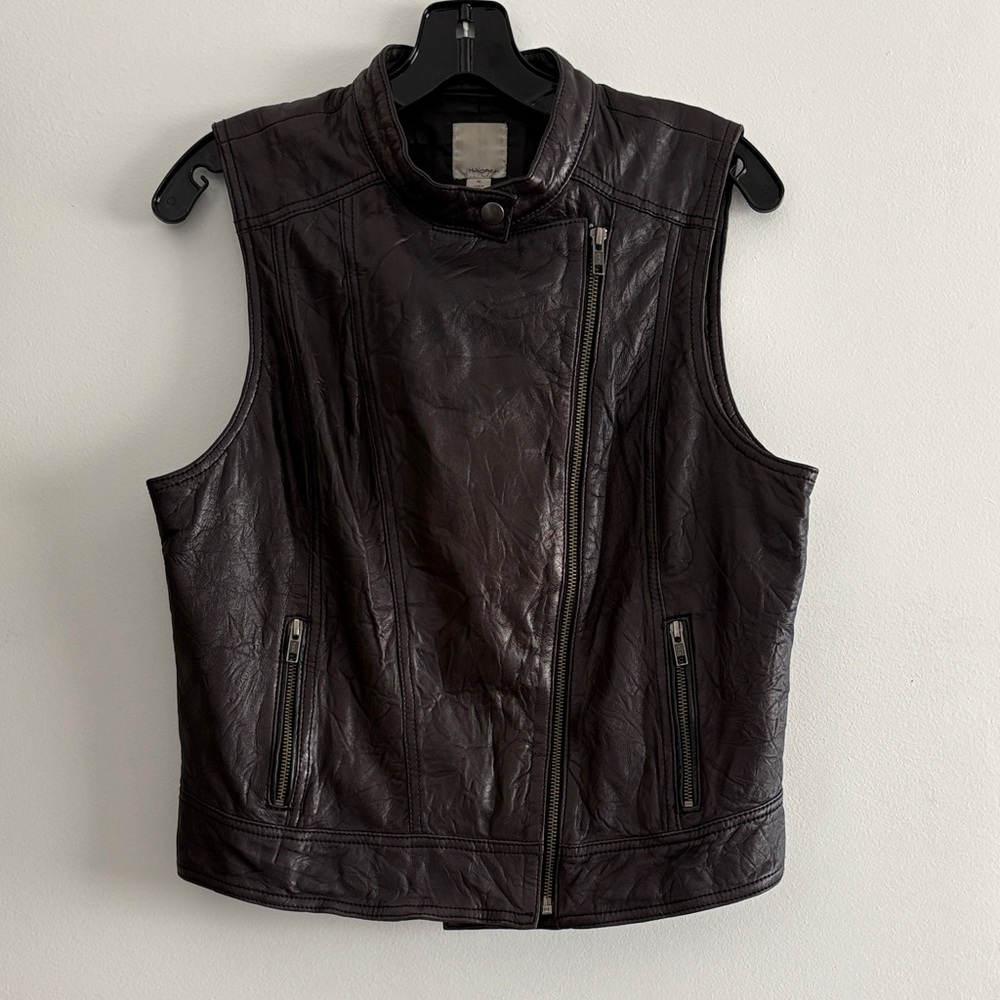 Halogen Black Leather Vest with snap neck closure, asymmetrical zipper front